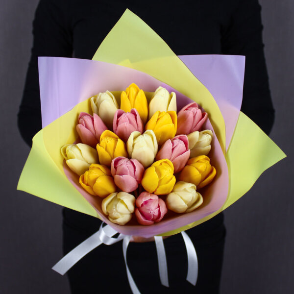 Тюльпаны из шоколада «Мия» 19 бутонов. жёлто-сиреневая упауовка. Фото 4